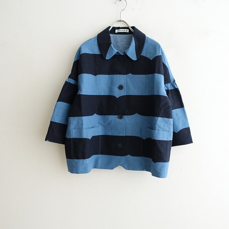 美品　ミナペルホネン　ショート丈　ノーカラージャケット　アウター　半袖 ショート丈ノーカラー半袖ジャケット 【品番: so1-238】