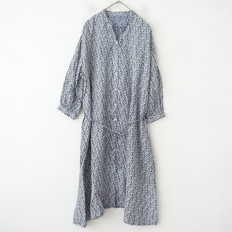 美品 ネストローブ 上質 リネン 日本製 ブルーストライプ ギャザーワンピース nest Robe 【2023AW/定価2.8万】ネストローブ *リネンギャザー