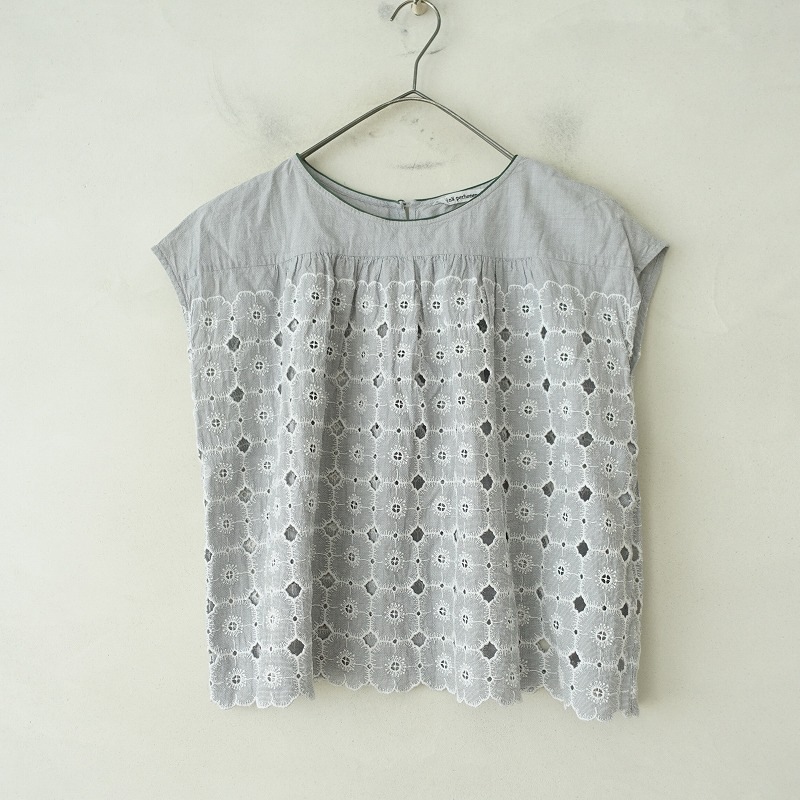 リネン　ギャザーブラウス　ハンドメイド　ミナペルホネン　アップリケ 定価3.9万】ミナペルホネン mina perhonen anemone カットワーク
