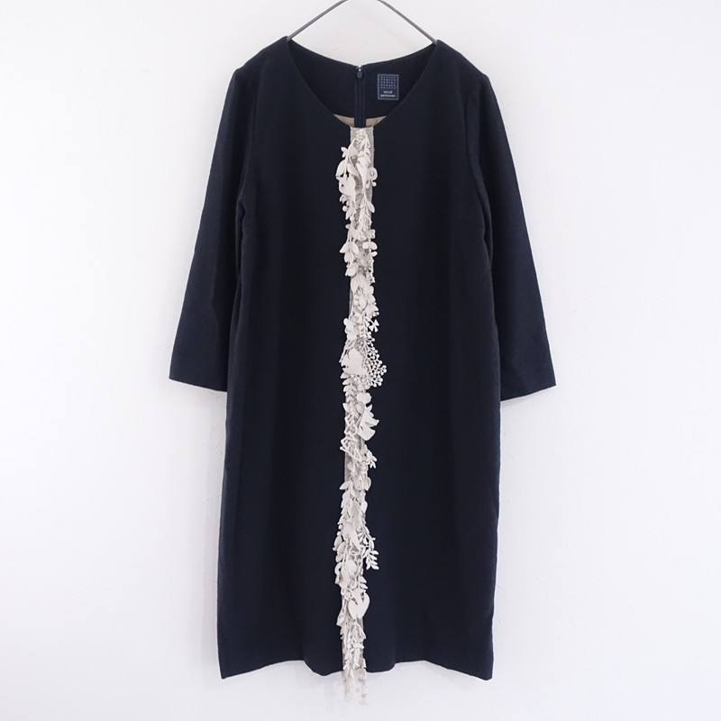 ミナペルホネン mina perhonen *forest parade 刺しゅうワンピース*36毛ウール混パープル×茶ドレス(25-2512-212)【30A62】
