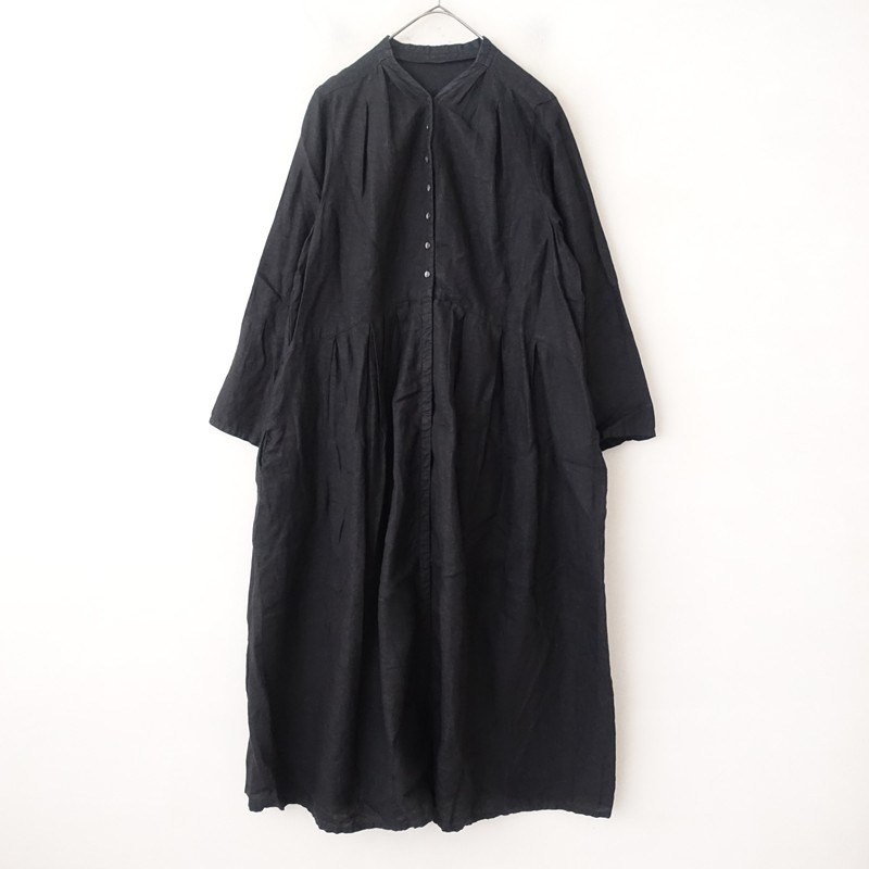nest Robeネストローブ☆リネン100 タック シャツワンピース 黒 ネストローブ nest Robe リネンタック切替Vネックワンピース F (25