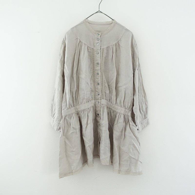 21SS リネン近江晒しラッフル袖2wayブラウス シャツ チュニック丈 長袖