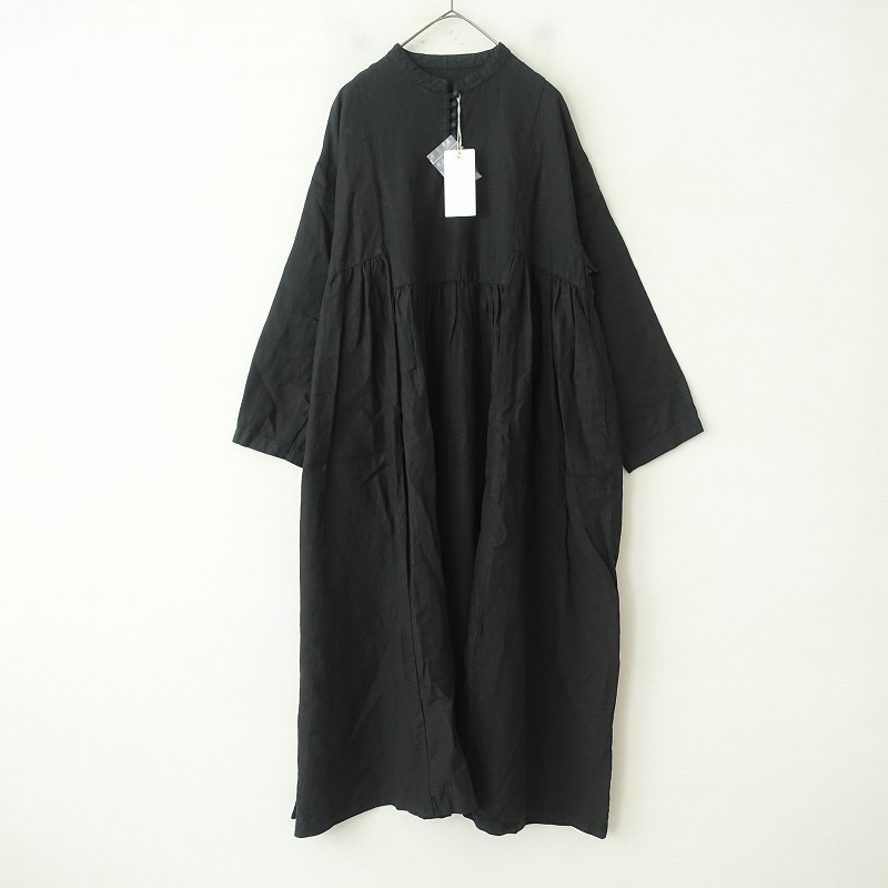 【nest Robe】ネストローブ 麻100% ボートネックフレアワンピース 黒 2023/定価3.5万】ネストローブ nest Robe リネンギャザープル