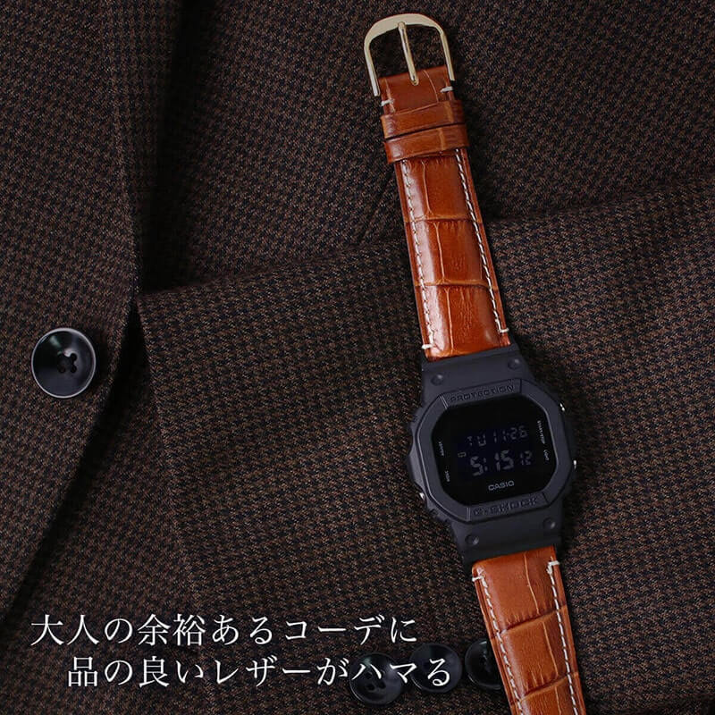 【G-SHOCK対応 アダプターセット】【DW 5600 5600BB 対応】BAMBI バンビ クロコ型押しレザーベルト 22mm レザー ブラック 49610 ジーショック Gショック GSHOCK