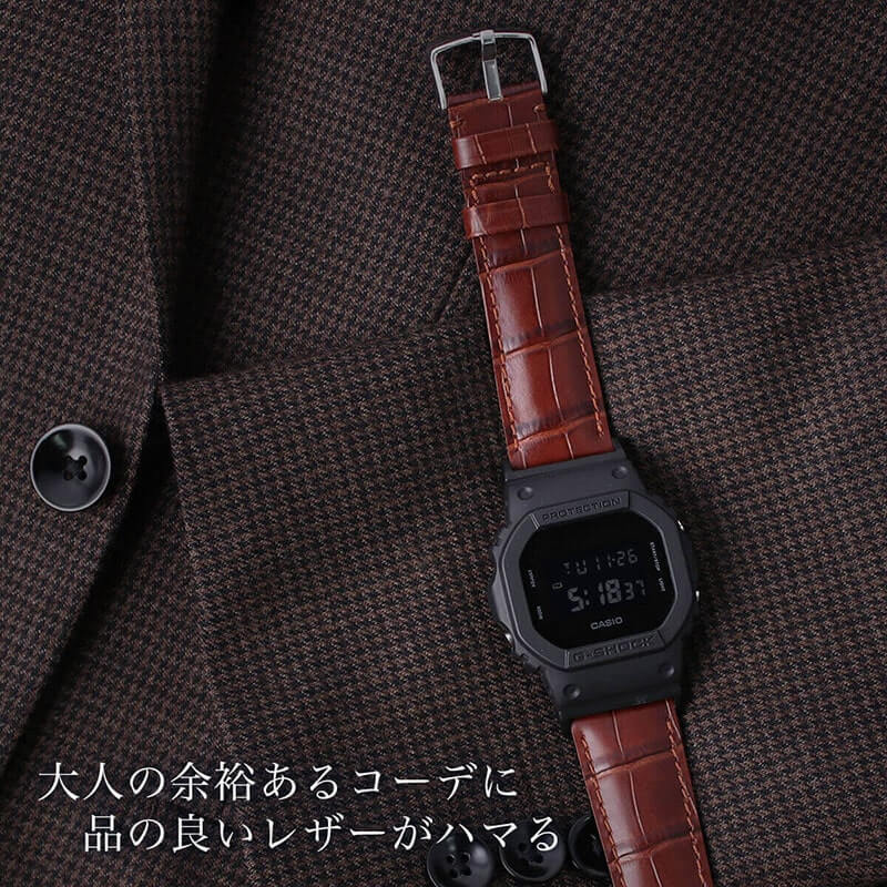 【G-SHOCK対応 アダプターセット】【DW 5600 5600BB 対応】BAMBI バンビ クロコ型押しレザーベルト 22mm レザー ブラック ブラウン 49612 ジーショック Gショック GSHOCK