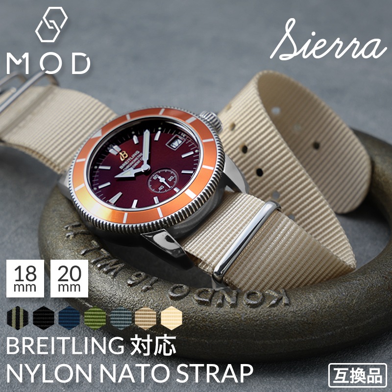 【BREITLING 互換 ベルト】 MOD NYLON NATO TYPE STRAP SIERRA ナイロン ナトータイプ シエラ 交換用 腕時計 ベルト ヴィンテージデザイン ダブル 引き通しタイプ ナイロン 20mm