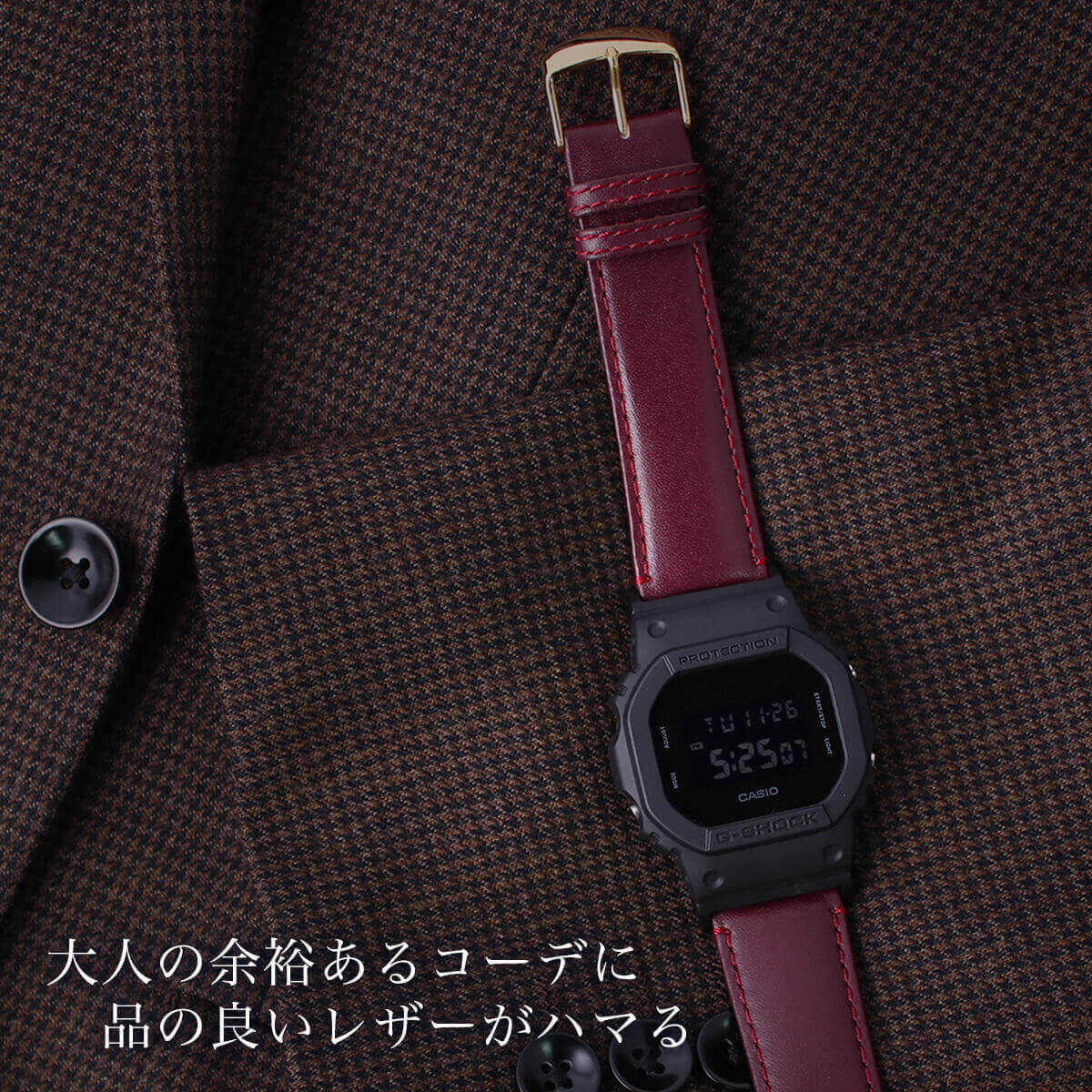 【G-SHOCK対応 アダプターセット】【DW 5600 5600BB 対応】BAMBI バンビ スコッチガード 強力撥水 レザーベルト 22mm レザー ブラック ネイビー ワインレッド 49575 ジーショック Gショック GSHOCK