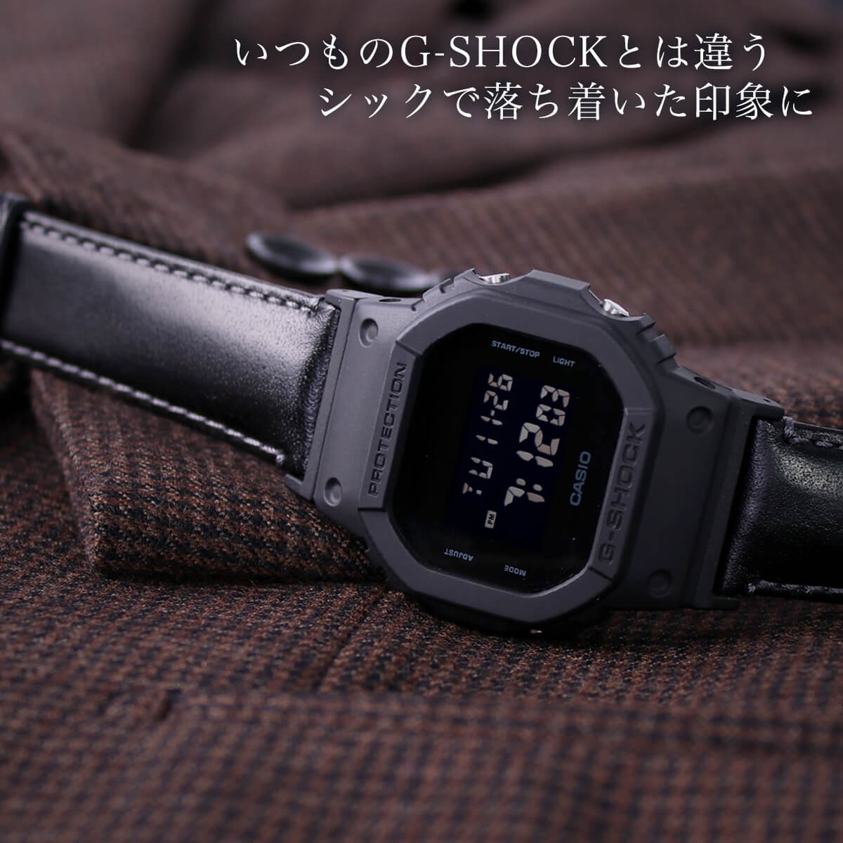 【G-SHOCK対応 アダプターセット】【DW 5600 5600BB 対応】BAMBI バンビ スコッチガード 強力撥水 レザーベルト 22mm レザー ブラック 49576 ジーショック Gショック GSHOCK