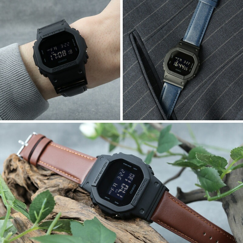 【G-SHOCK DW-5600 互換 アダプター ベルトセット】 MOD SCOTCHGARD LEATHER STRAP SMOOTH スコッチガードスムースレザー 交換用 腕時計 ベルト カスタム パーツ 撥水防汚加工 イージーレバー 本革 カーフレザー 22mm