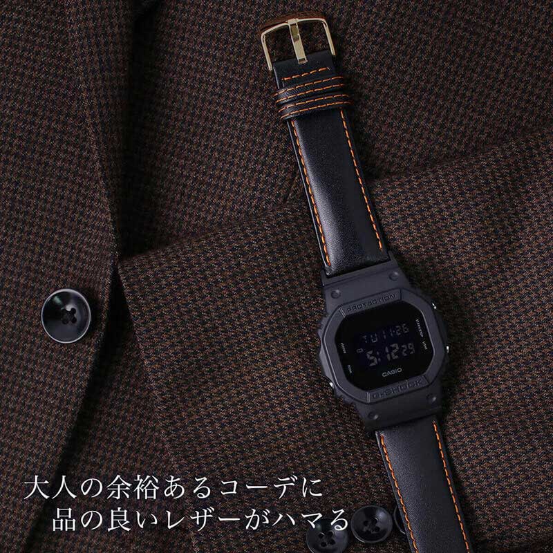【G-SHOCK対応 アダプターセット】【DW 5600 5600BB 対応】BAMBI バンビ スコッチガード 強力撥水 レザーベルト 22mm レザー ブラックオレンジ 49580 ジーショック Gショック GSHOCK