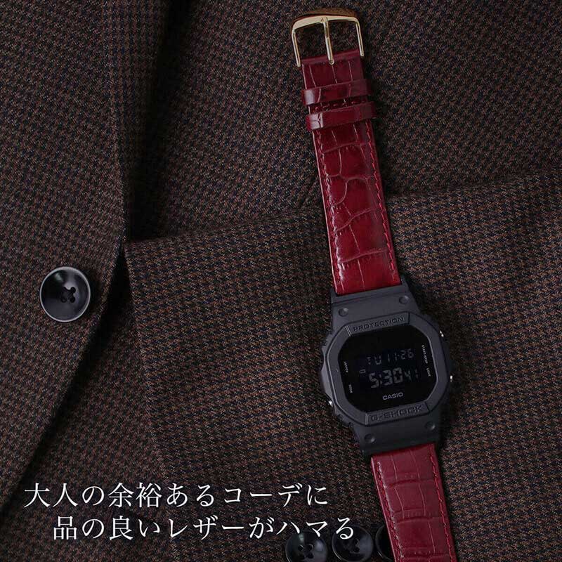 【G-SHOCK対応 アダプターセット】【DW 5600 5600BB 対応】BAMBI バンビ スコッチガード 強力撥水 レザーベルト 22mm レザー ワインレッド 49585 ジーショック Gショック GSHOCK