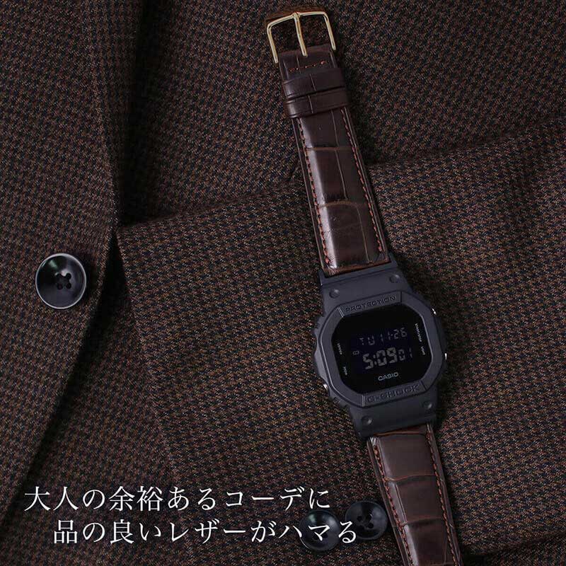 【G-SHOCK対応 アダプターセット】【DW 5600 5600BB 対応】BAMBI バンビ クロコダイル レザーベルト 22mm クロコダイル ブラック ダークブラウン 49589 ジーショック Gショック GSHOCK