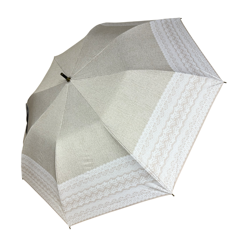 ショートワイド傘　遮熱&完全遮光　リネン生地風&レースプリント　晴雨兼用傘　裏黒　コーティング