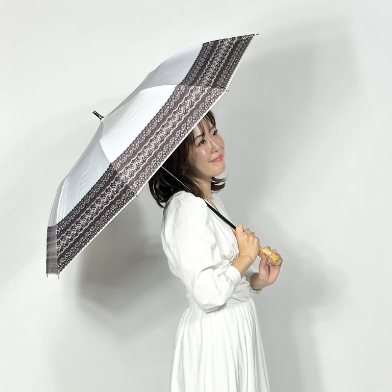 ショートワイド傘　遮熱&完全遮光　リネン生地風&レースプリント　晴雨兼用傘　裏黒　コーティング