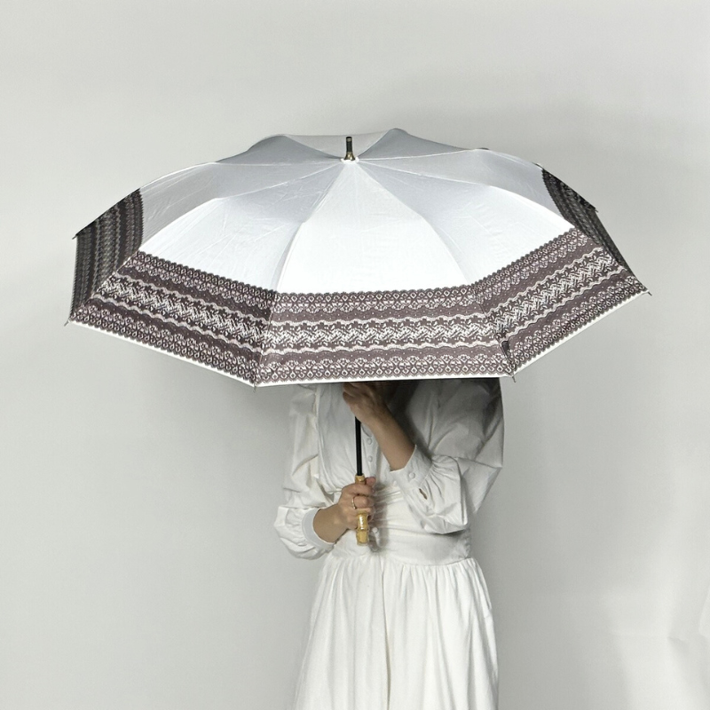ショートワイド傘　遮熱&完全遮光　リネン生地風&レースプリント　晴雨兼用傘　裏黒　コーティング