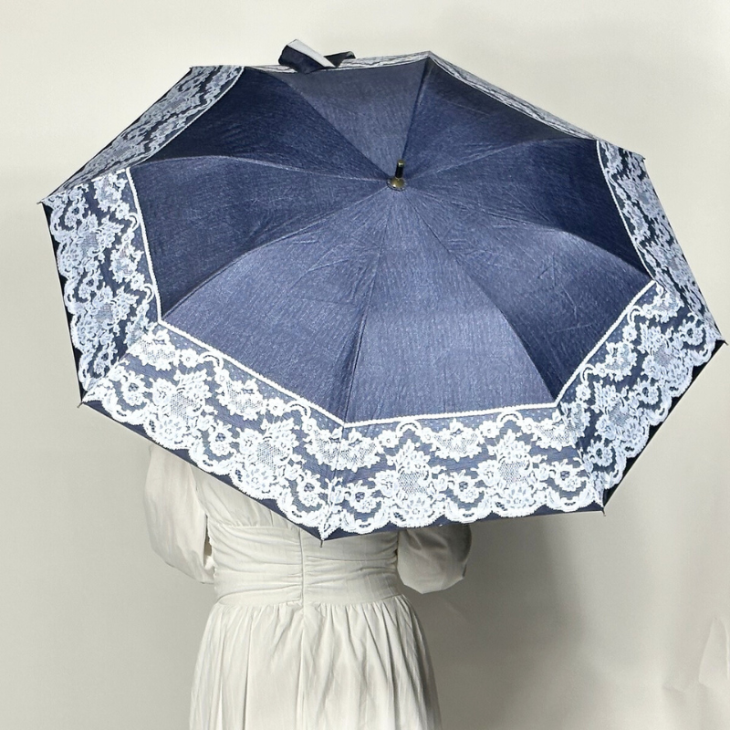 ショートワイド傘　遮熱&完全遮光　リネン生地風&レースプリント　晴雨兼用傘　裏黒　コーティング