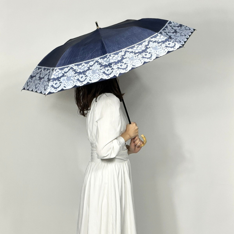 ショートワイド傘　遮熱&完全遮光　リネン生地風&レースプリント　晴雨兼用傘　裏黒　コーティング