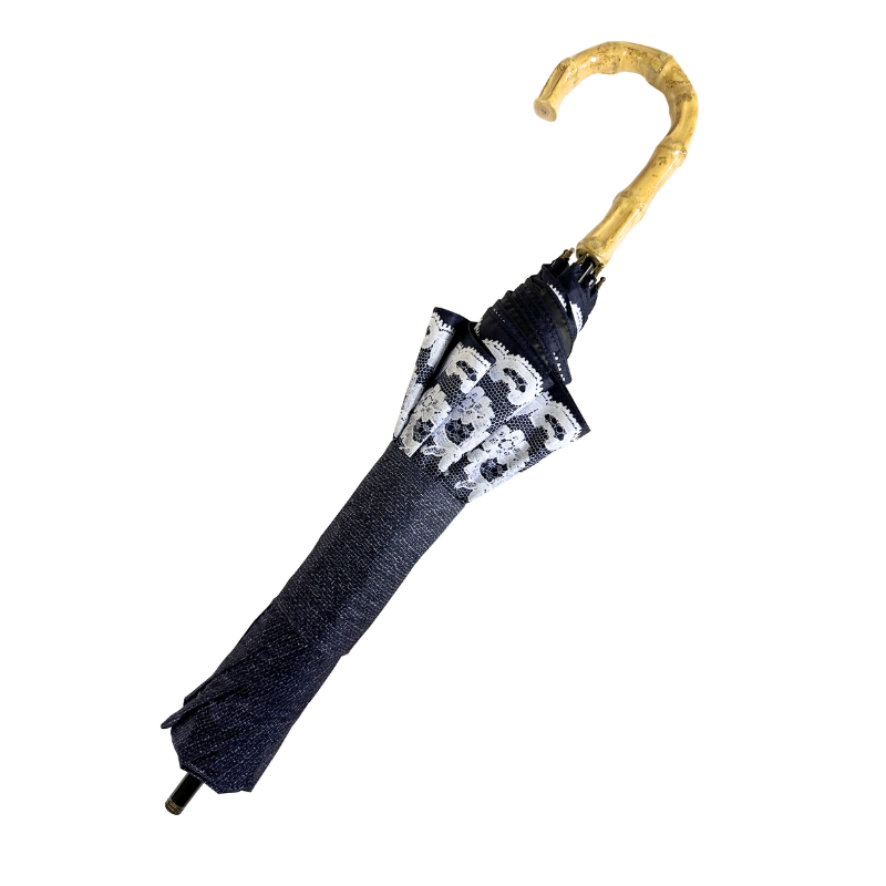 ショートワイド傘　遮熱&完全遮光　リネン生地風&レースプリント　晴雨兼用傘　裏黒　コーティング