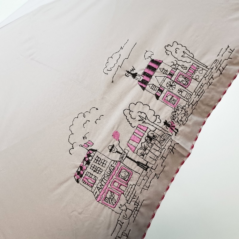 遮熱&遮光　フレンチヴィレッジビュー刺繍　晴雨兼用3段折りたたみ傘　裏黒　コーティング