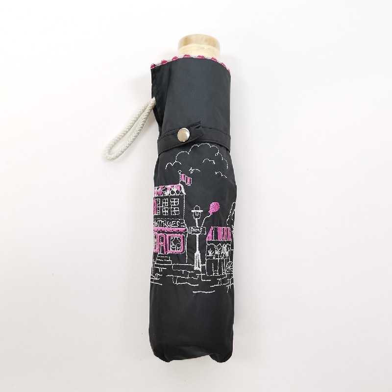 遮熱&遮光　フレンチヴィレッジビュー刺繍　晴雨兼用3段折りたたみ傘　裏黒　コーティング