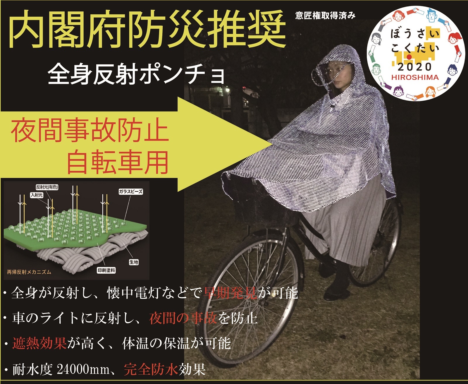 世界まる見え！テレビ特捜部で紹介！　【防災避難着】全身反射プリント　自転車用　レインポンチョ