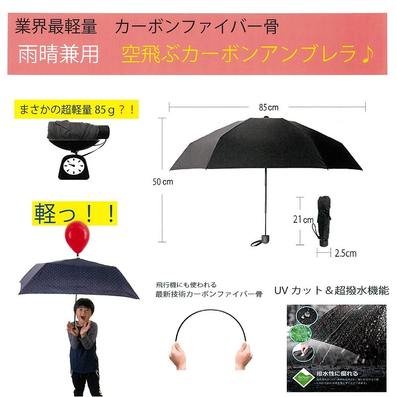 空飛ぶ♪カーボンアンブレラ　ドット柄　極軽　雨晴兼用折りたたみ傘　