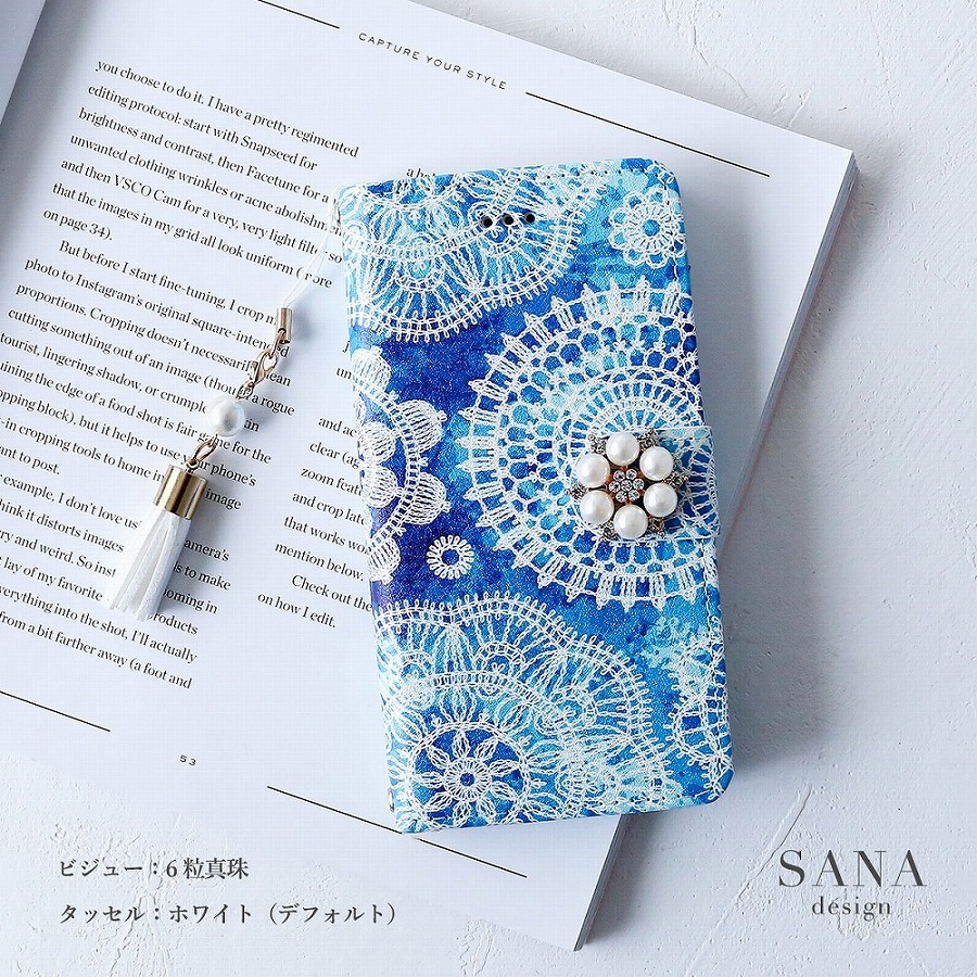 レース 青 タッセル ビジュー付き 」Galaxyケース 手帳型Galaxy