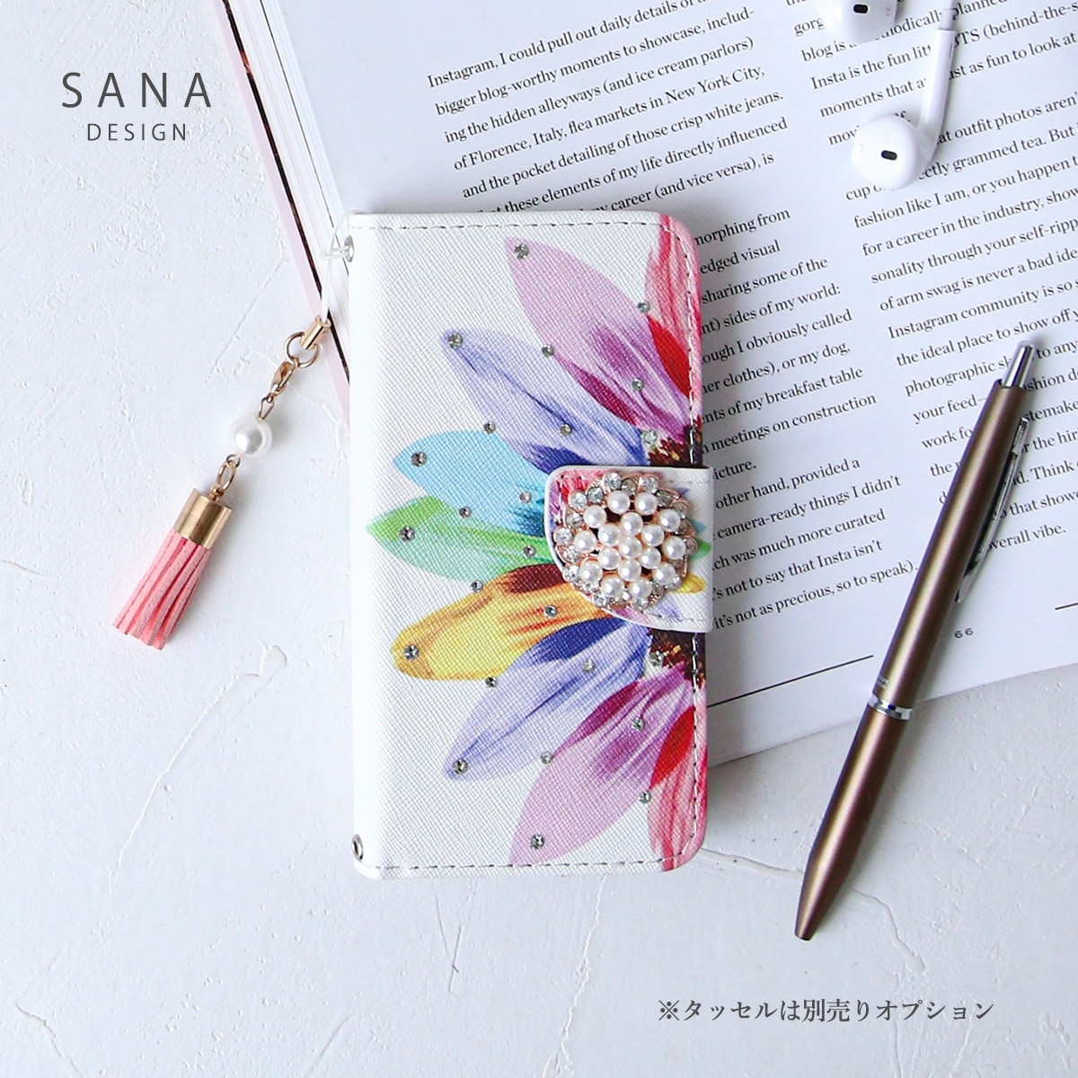 向日葵 スワロ装飾 白 ビジュー付き」らくらくスマホ かんたん