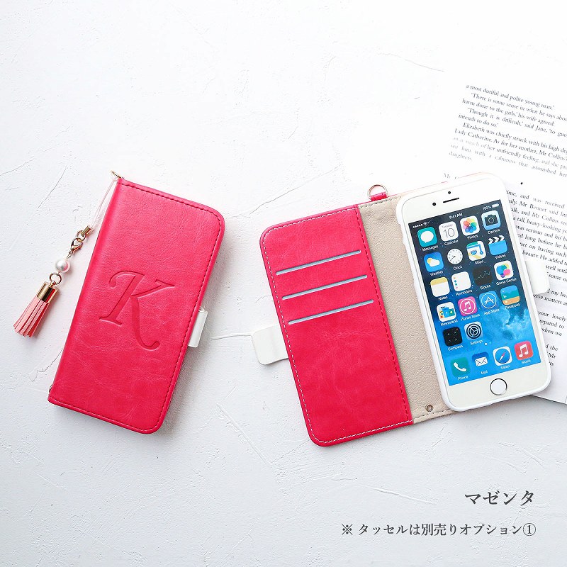 エンボス イニシャル 黄/マゼンタ/エメラルド 手帳型