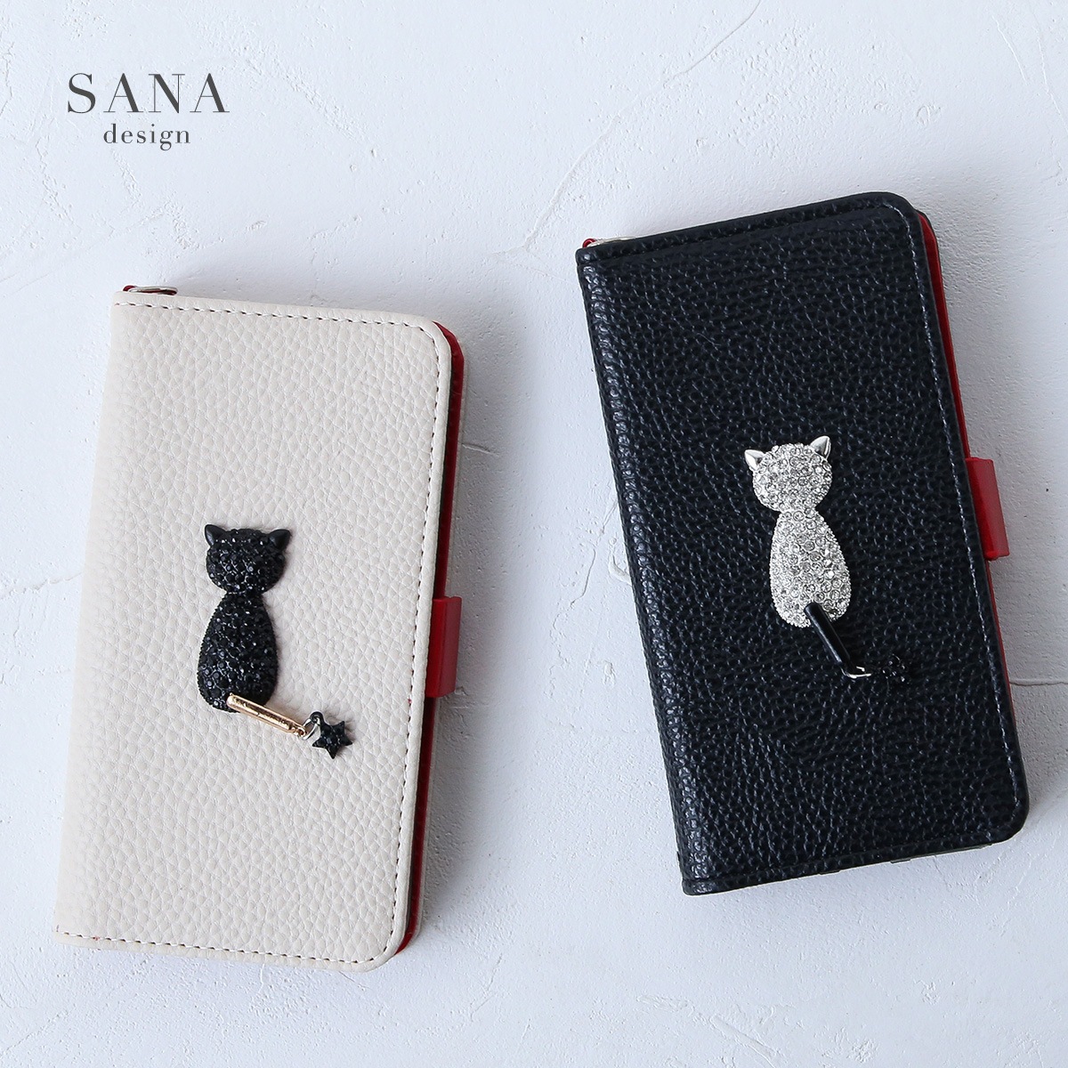 白 黒 スワロ 猫」らくらくスマホ かんたんスマホスマホケース 手帳型