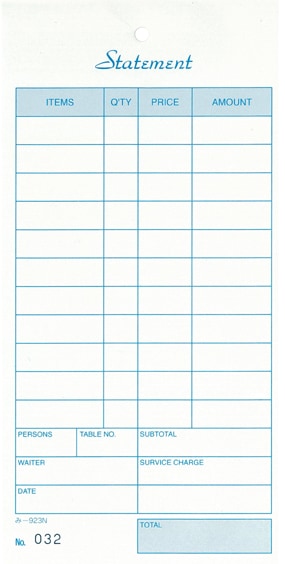 無料サンプル品 お会計伝票 3枚複写伝票 み-923N 1～100 通し番号入り 英語表記 飲食店向け オーダー伝票 みつやオリジナル