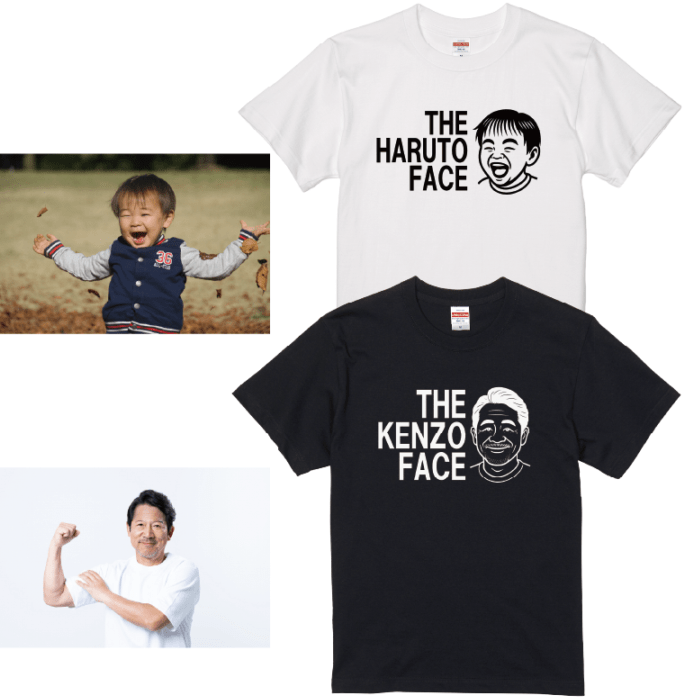 オリジナルｔシャツ　イラストフェイスTシャツ 写真からイラストにして名入れTシャツを作成！〇〇FACE プレゼントに最適！綿Ｔシャツ、ドライＴシャツ選択可 サイズ豊富