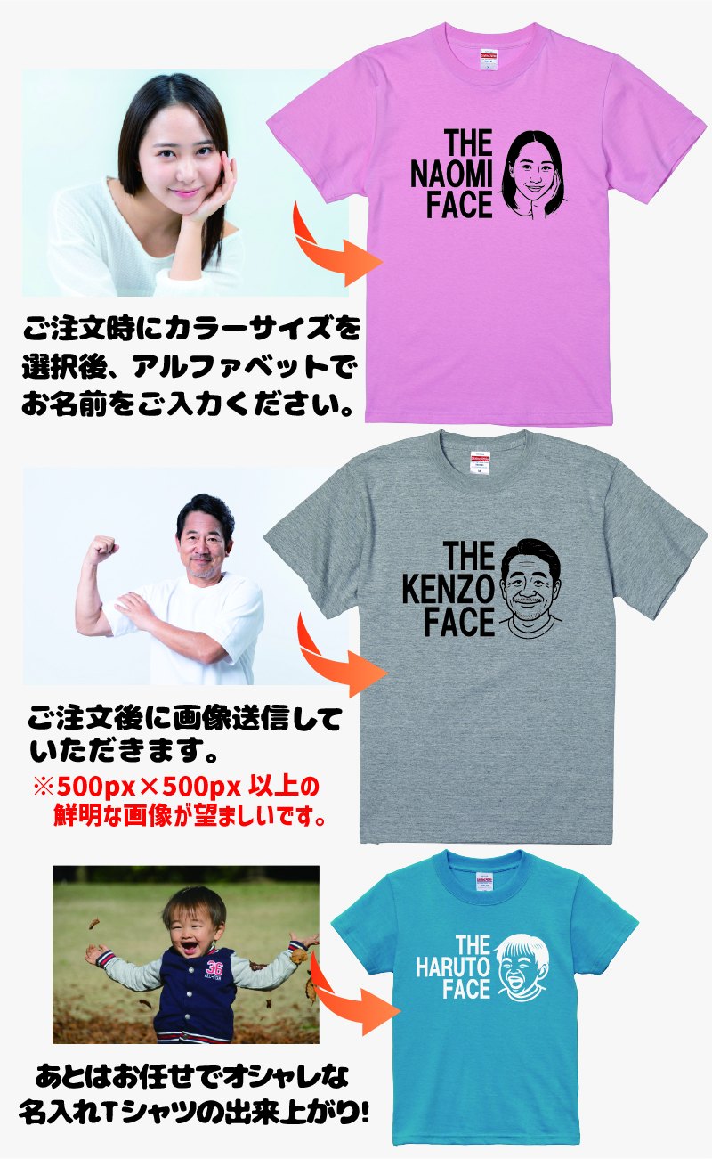 オリジナルtシャツ イラストフェイスTシャツ 写真からイラストにして名入れTシャツを作成!〇〇FACE プレゼントに最適!綿Tシャツ、ドライTシャツ選択可 サイズ豊富