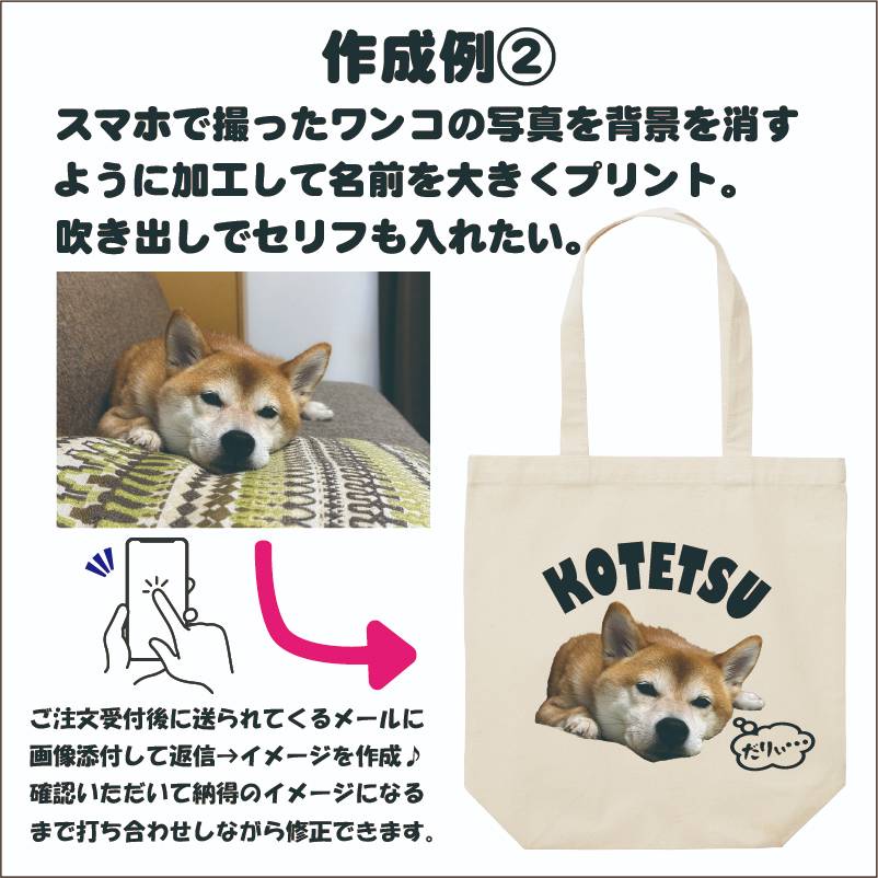 オリジナルトートバッグ　写真やイラストを取り込み可能。加工デザインもお任せ！ ペット ネコ イヌ 子供 お揃いグッズ プレゼント キャンバストート 買い物バッグ ノベルティ作成　