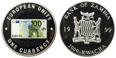 ザンビア 1000クワチャ銀メッキ貨 100ユーロ札表面デザイン 1999