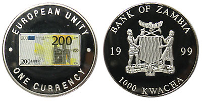 ザンビア 1000クワチャ銀メッキ貨 200ユーロ札表面デザイン 1999 Proof