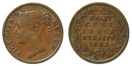 海峡植民地 ヴィクトリア女王 1/2セント銅貨 1862 VF; | 世界のコイン