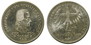 ドイツ 1955F シラー死去150年 5マルク銀貨 UNC | 世界のコイン