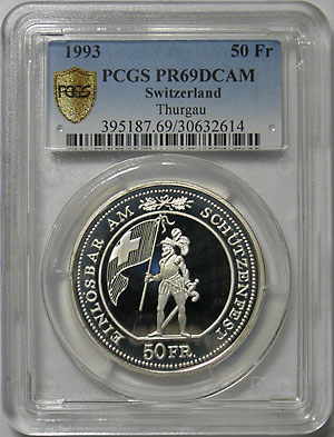スイス 現代射撃祭 トゥールガウ 50フラン銀貨 1993 PCGS PR69 DCAM