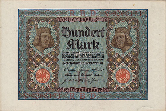 ドイツ1921年 25マルク 布幣 ドイツ （ワイマール共和国） 100マルク 1920 UNC | 世界の紙幣,G ～ N