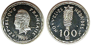 ニューヘブリデス 100フラン銀貨 ESSAI 1966 UNC; | 世界のコイン