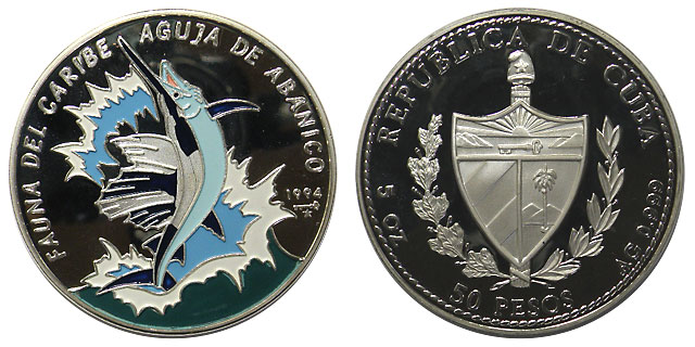 キューバ メカジキ 50ペソ・カラー銀貨 1994 Proof | 世界のコイン