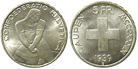 スイス ラウペンの戦闘600年 5フラン銀貨 1939 AU-UNC; | 世界のコイン