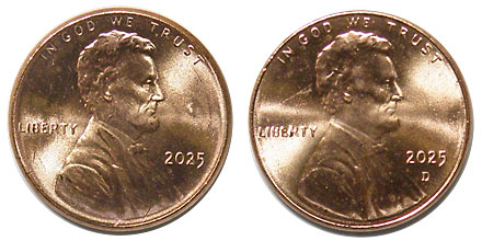 アメリカ リンカーンセント 最後の発行年 2025-(P)及びD2枚 BU