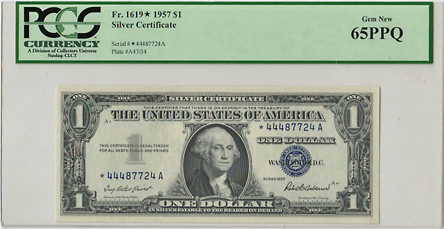����ꥫ����ڷ���1�ɥ��ʾ��1957�� �������Ρ��ȡ�Fr1619����PCGS 65PPQ