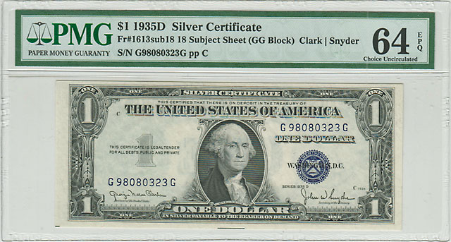 ����ꥫ����ڷ���1�ɥ��ʾ��1935D��GG Block��Fr1613��PMG 64EPQ