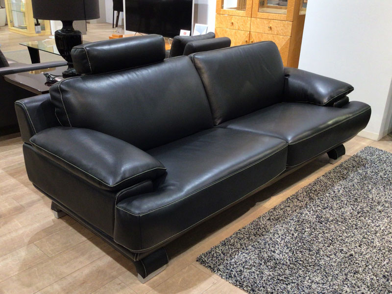 ソファ 3人掛け「L/S 01（エルエス01）」幅219cm 革ブラック色 #R-887C　ヘッドレスト付 /南船橋店展示品