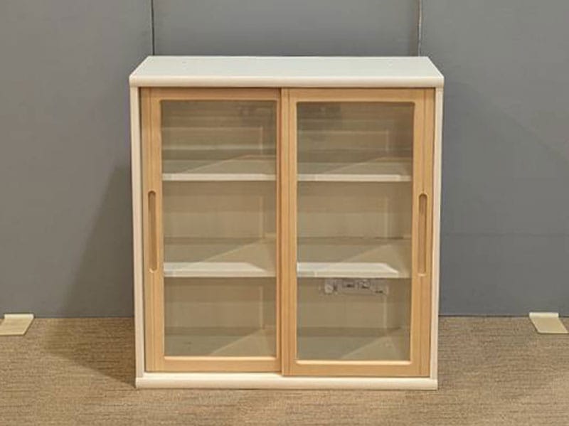 書棚 「ニューオファーＮＯＦ-90 引き戸/ガラス扉」ウッディホワイト+チェリーナチュラル色/アウトレット＆ベッドルームギャラリー横浜展示品