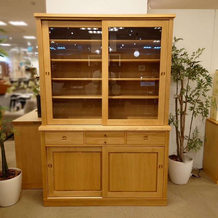 カップボード「杜」引戸タイプ オーク材ホワイトオーク色 幅126.4cm/アウトレット＆リワース大阪南港展示品