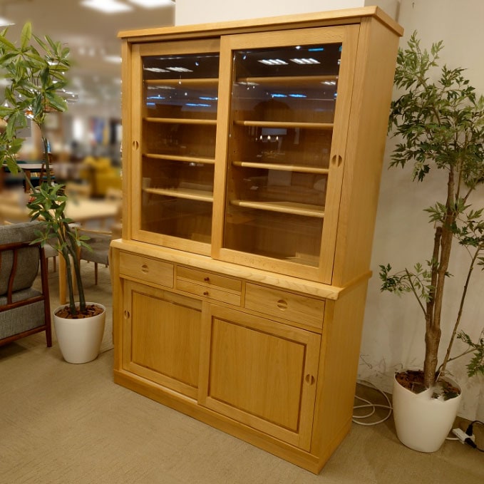 カップボード「杜」引戸タイプ オーク材ホワイトオーク色 幅126.4cm